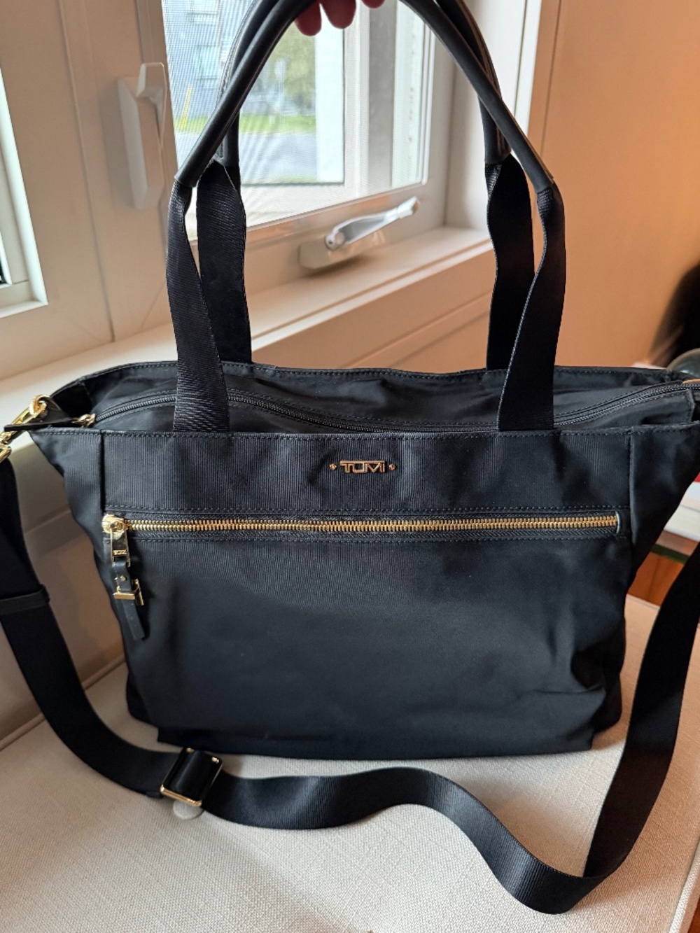 TUMI Black Nylon Tote / Crossbody Bag (Retired Voyager Model) – Gold Hardware - Picture 2 of 12